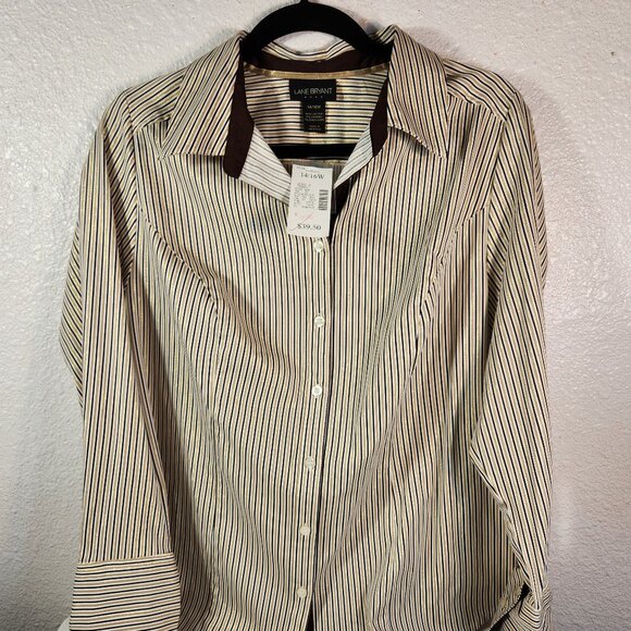 NWT Lane Bryant Size 14/16W Long Sleeve Gold Metallic Striped Button Up Top - Picture 1 of 12